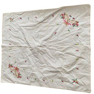 Vintage‎ embroidered tablecloth crochet edging flower cornucopia w/stains 42x35